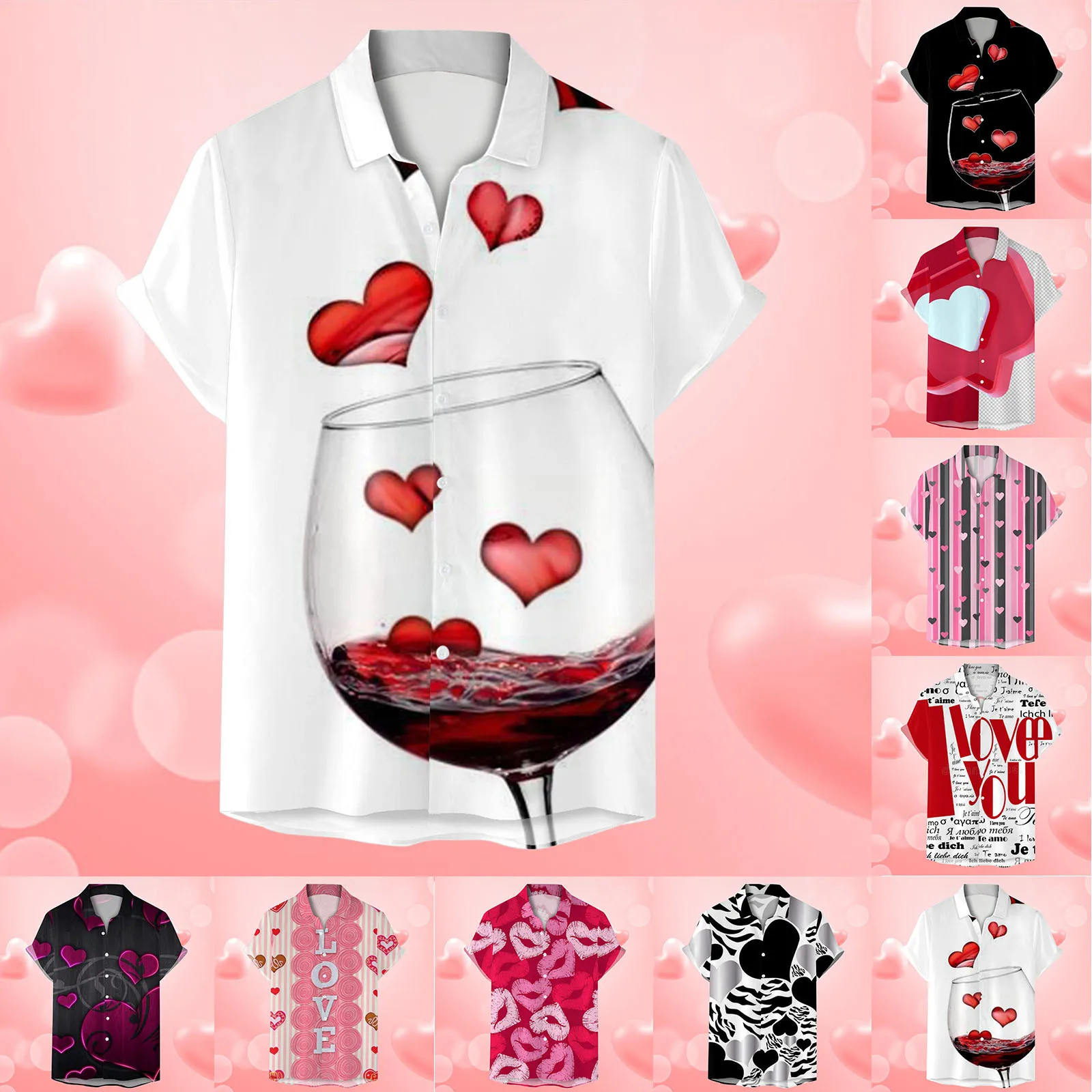 

Mens Valentines Day Fashion Printed Short Sleeved Button Up Shirt European American Style For Spring Autumn Loose
