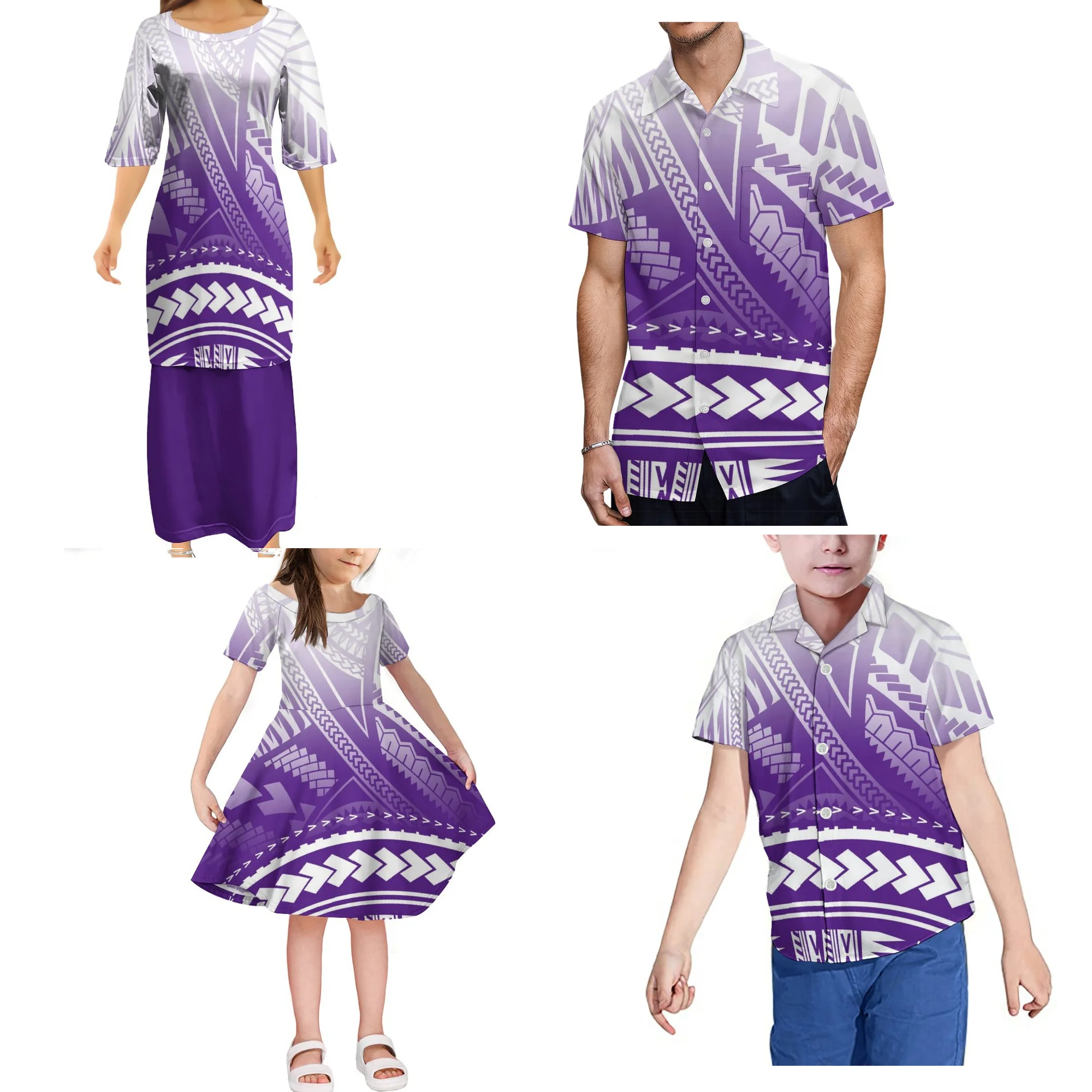 

Women'S Puletasi Dress And Men'S Shirt Matching Children'S Dress Boys' Shirt Polynesian Tribe Custom Printed Family Suit