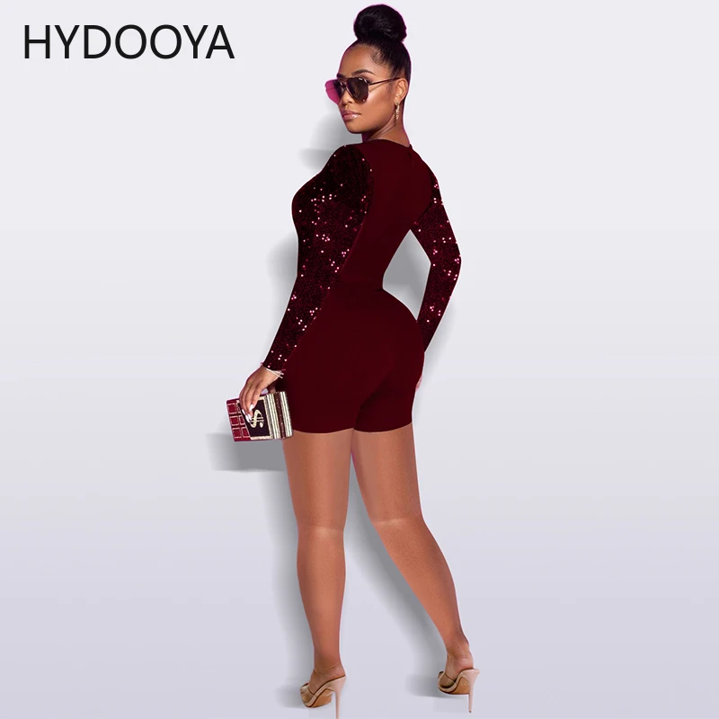 Sheer Mesh Flocking Sequins Short Jumpsuit Women Playsuits Elegant Long Sleeve One Piece Bodysuit Rompers Party Club Slim Outfit