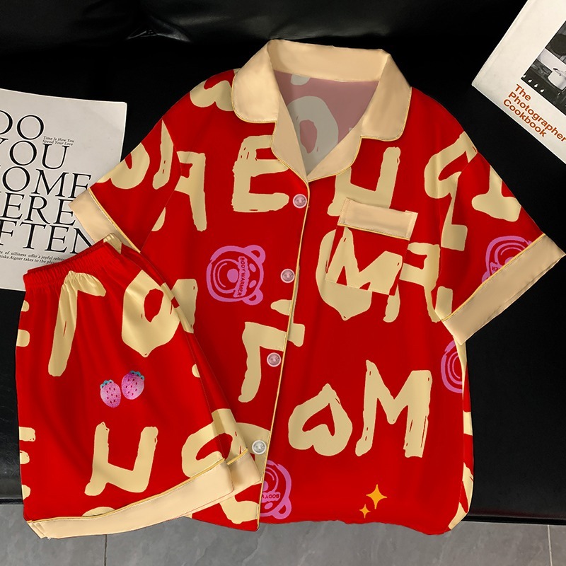 Ice silk thin section celebratory big red letters ladies pajamas summer new short-sleeved shorts girls homewear two-piece suit
