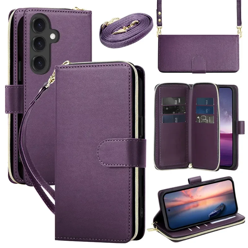 Leather Flip Phone Case with Long Lanyard and Zipper Wallet