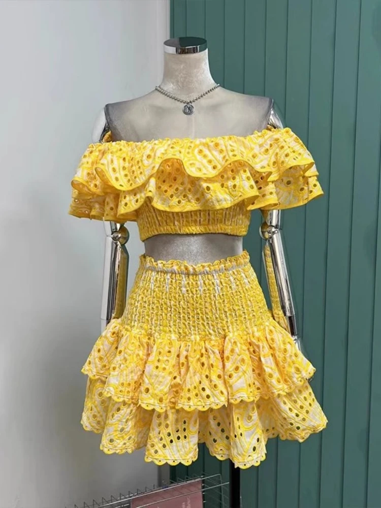 Mini Skirt Yellow Piece Outfit Summer Holiday Embroidery Pieces