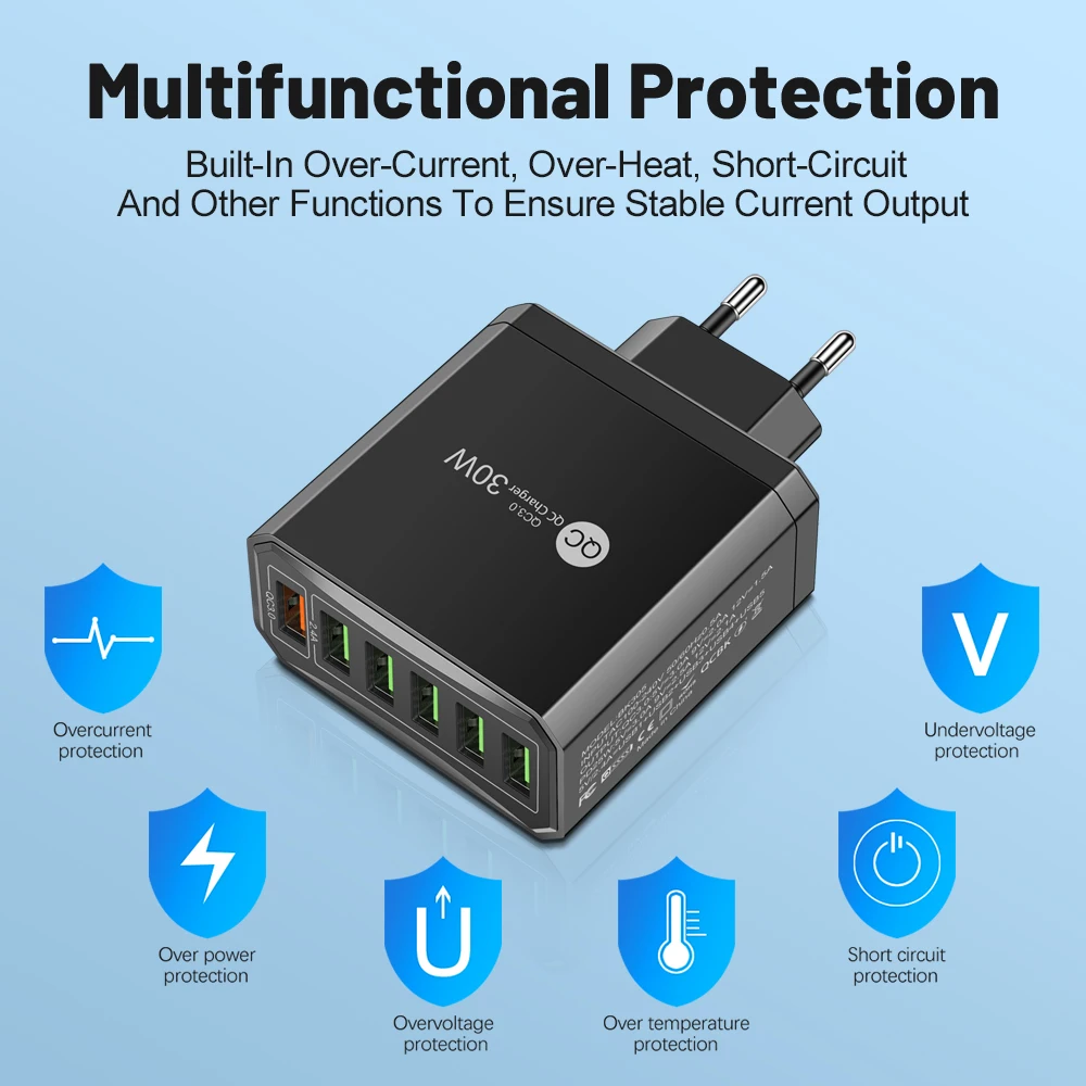 6Port USB Wall Charger EU/US/UK/KR Plug 30W Fast Charging Quick Charge QC3.0 For iPhone Samsung Xiaomi Oppo Mobile Phone Adapter