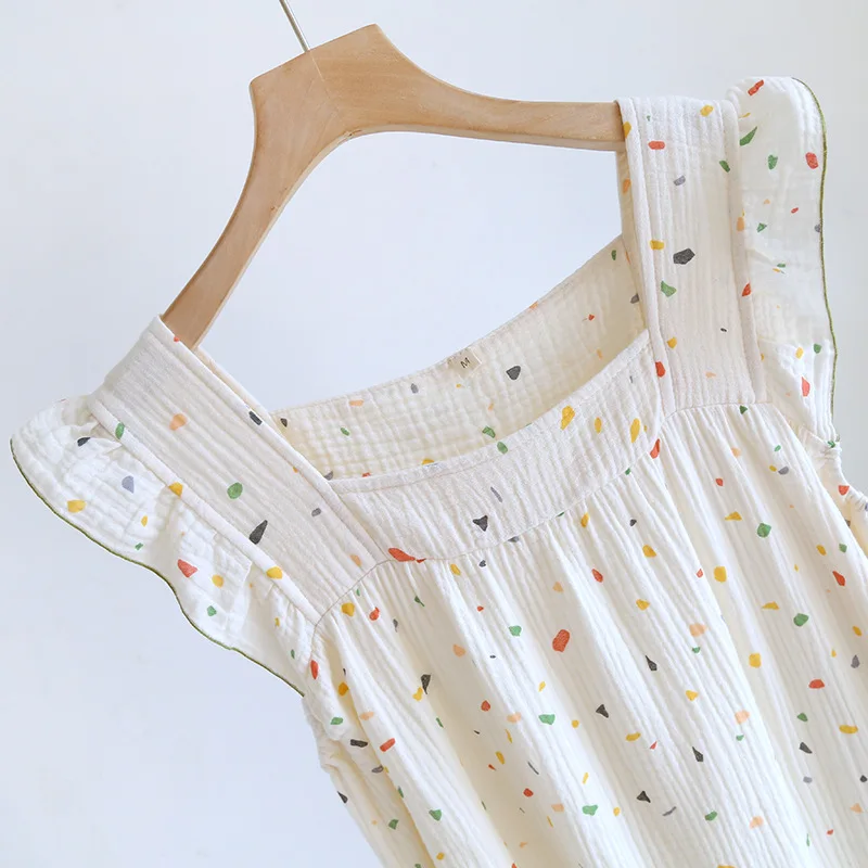 2024 Summer New Women's Nightwear 100% Cotton Crepe Sling Dress Cute Girl Tank Top Dress with Wood Ear Edge Home Fury Ladies