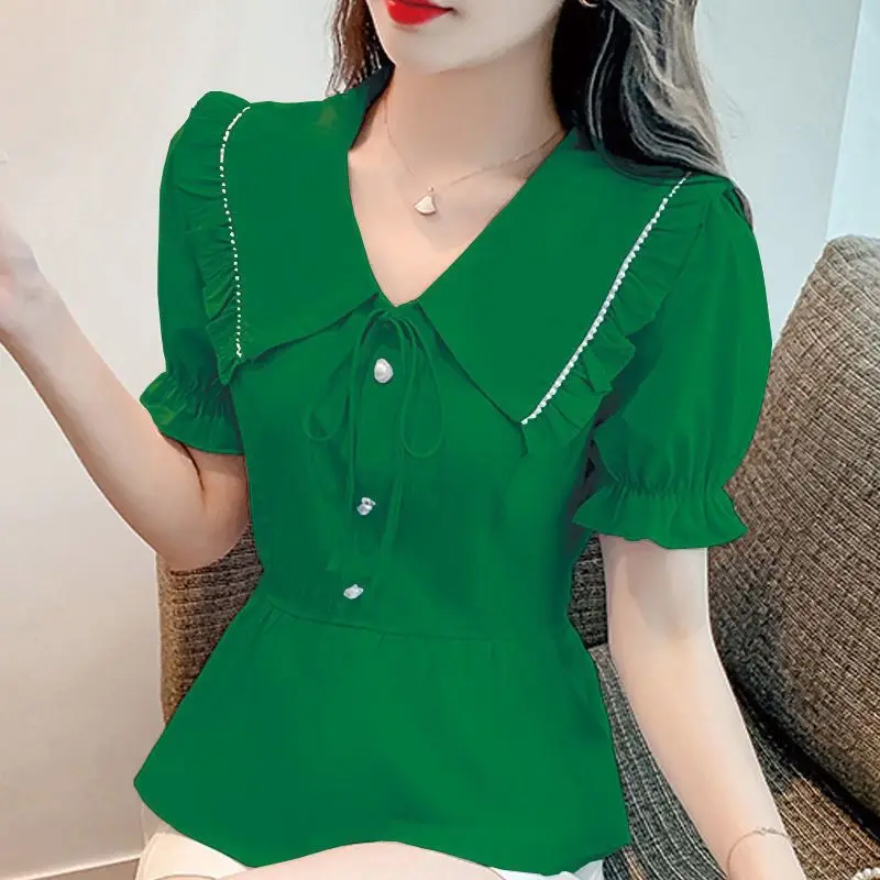 러플 엣지 활 레이스 블라우스, 반팔, 단색, 루즈 단추 플리츠 셔츠, 상의, 스위트 패션, 여성 의류, 여름 신상