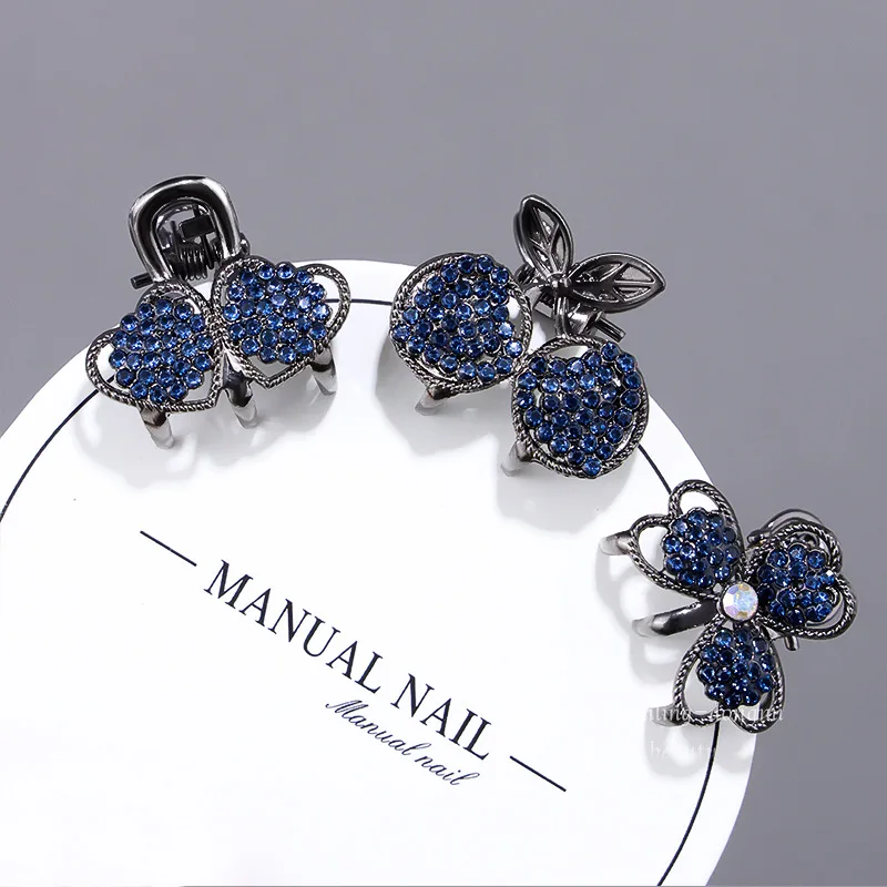 Exquisite blaue Strass Liebe Blume kleine Haarklammer neue süße süße Prinzessin Kopf Top Clip Stirn Pony Seite Clip Haarspange – Detail 1