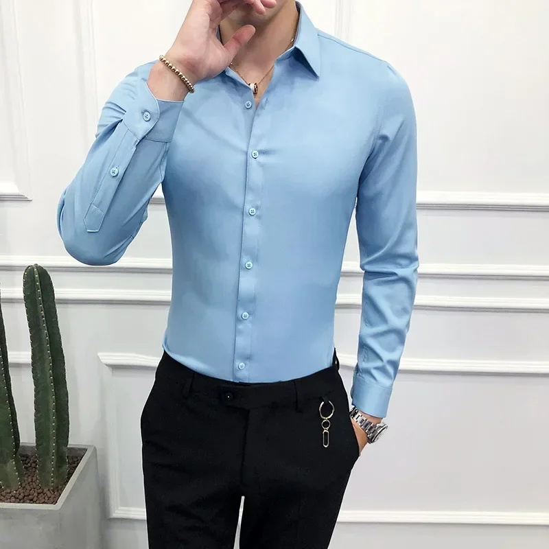 

2023 Men High Quality Long Sleeve Solid Color Formal Business Shirt Slim Fit Brand Male Social Turn Down Collar Dress Blouses