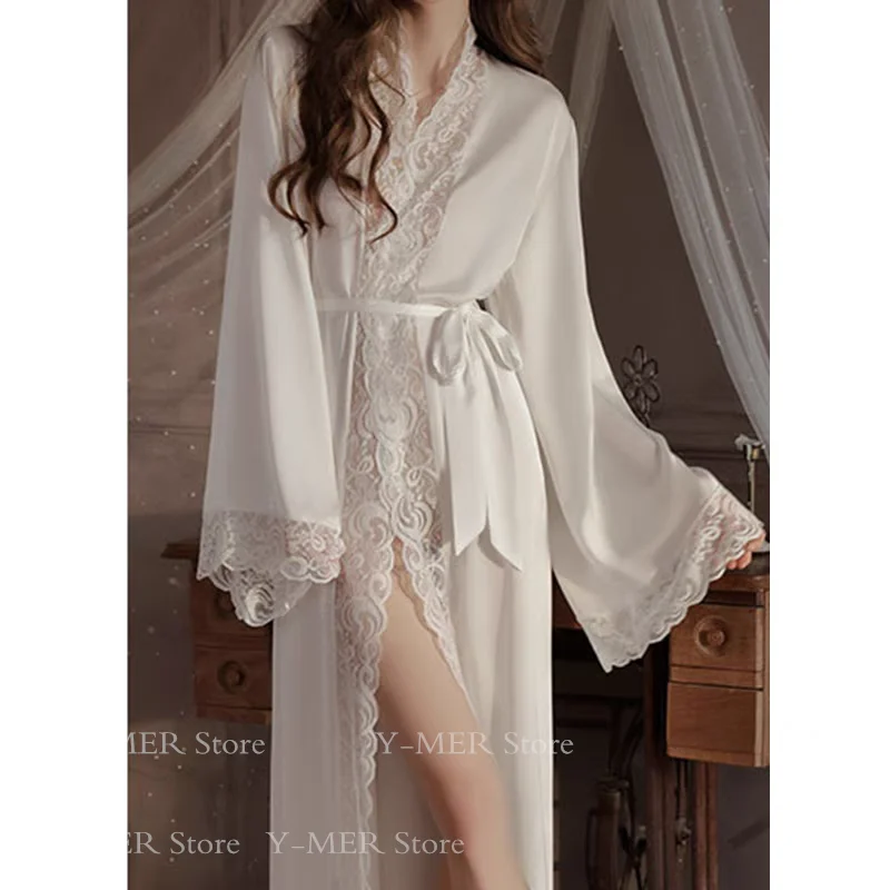 Wedding Bridal Bathrobe Big Lace Flower Nightie Wear Women Satin Kimono Long Loose Peignior Spring Autumn New Intimate Lingerie