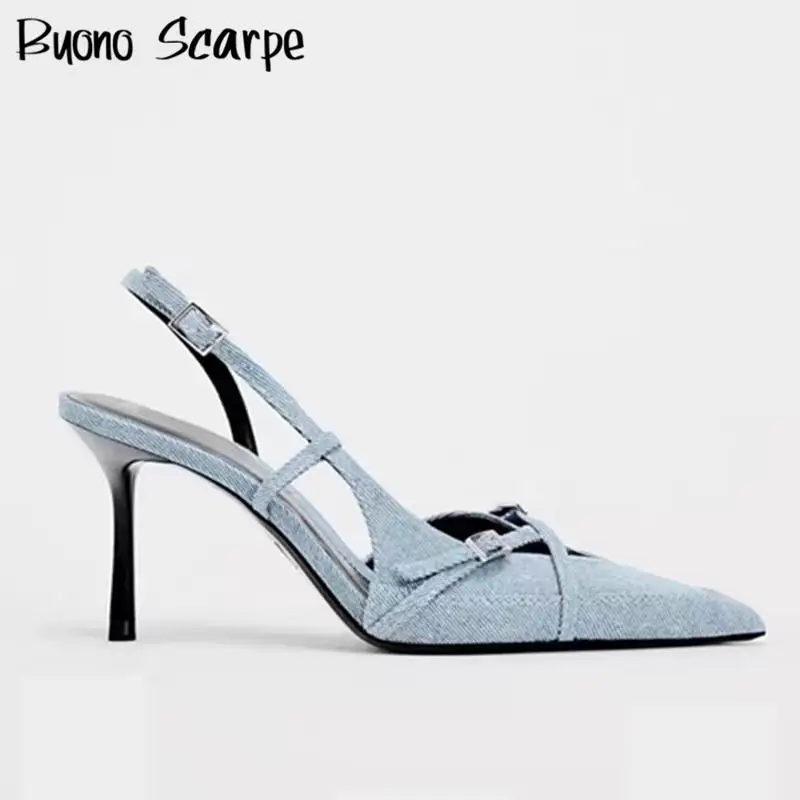 Luxury Brand Designer Women Sandals Pointed Toe Thin High Heel Buckle Strap Denim Mules Sexy Party Single Shoes Female All Match