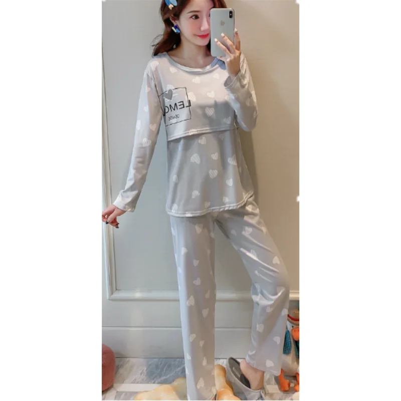 Nursing Maternity Nightgown Spring Autumn Long Sleeves Homewear Breastfeeding Pregnancy Women Pajamas Sets Sleepwear D0072 2