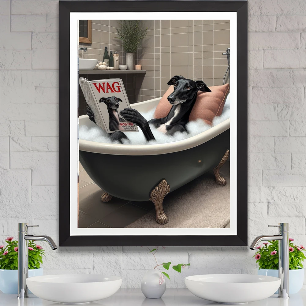 Funny Black Greyhound in Bathtub Canvas Painting Prints Bath Tub Animal Posters Toilet Wall Art Pictures For Bathroom Home Decor