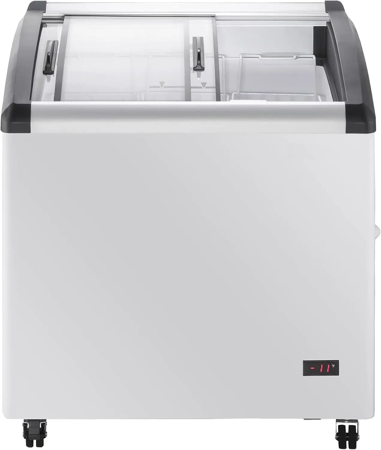 Commercial Mobile Ice Cream Display Chest Freezer Sub Zero Temp Curved Glass Top Frost Free Lid With 3 Wire Baskets 31.5 Inch