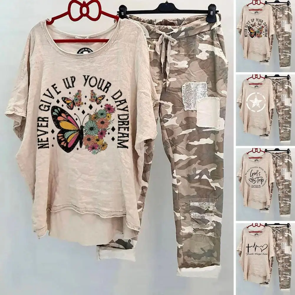 

Women's Summer Casual Suit Round Neck Printed Breathable Cotton Blend Lightweight Sportswear Outfit Lady Pant Sets