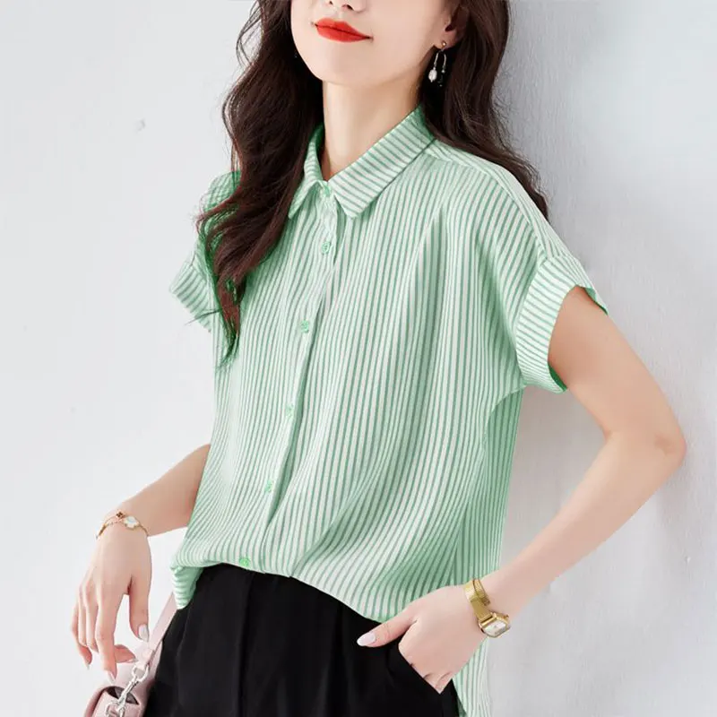 2024 Elegant Fashion Harajuku Slim Fit Female Clothes Loose Casual All Match Tops Stripe Button POLO Collar Short Sleeve Blusa