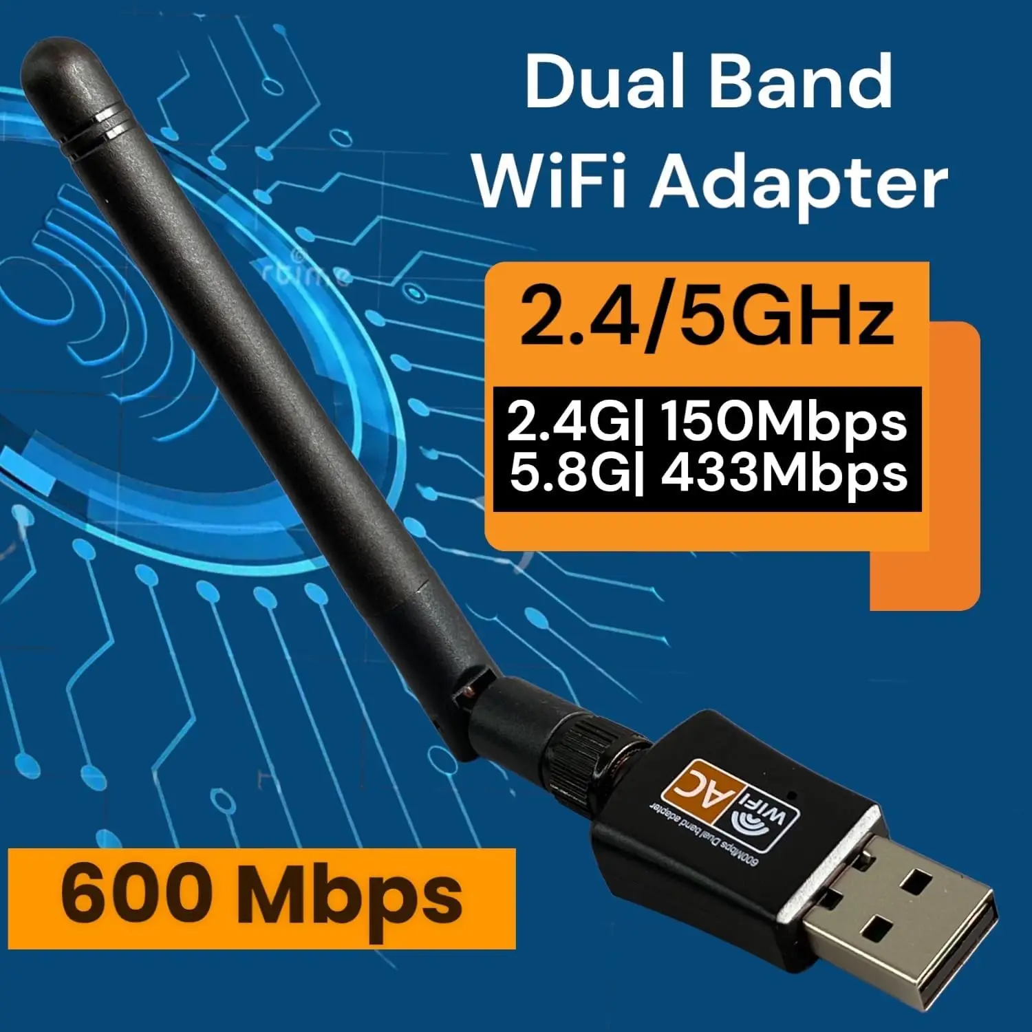 USB WiFi 무선 네트워크 카드 600Mbps USB WiFi 어댑터 듀얼 밴드 2.4GHz/5GHz 와이파이 동글, 노트북 PC용 회전식 안테나 포함