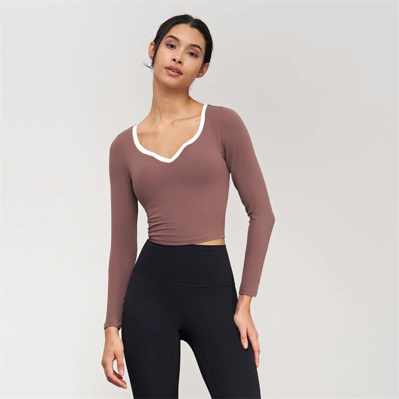 

Summer Long Sleeve Yoga Shirt Gym Sports Top Women V-Neck Tight Crop Top Fitness Casual T-Shirts Workout Blouses With Bra Pad
