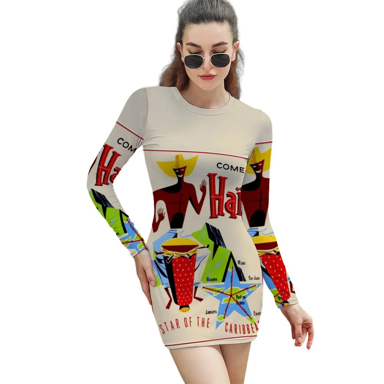 

HAITI : Vintage Travel Advertising Print Long-Sleeved Sheath Dress Women's summer long dress women's elegant loose dresses
