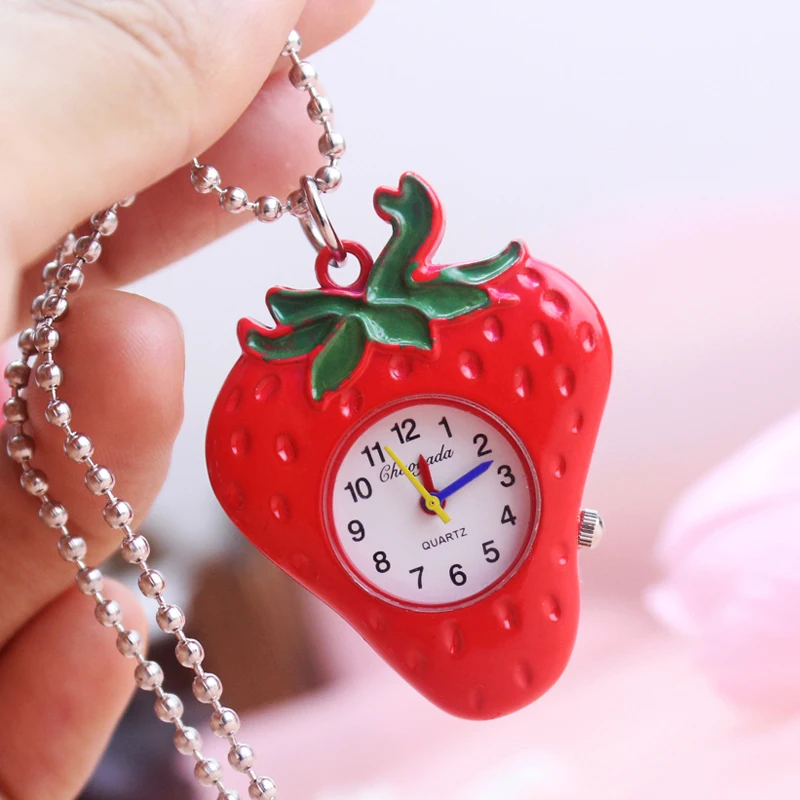 

Sdotter 2023 girls women cartoon pocket necklace quartz watches creative key chains lovely personality red strawberry electronic