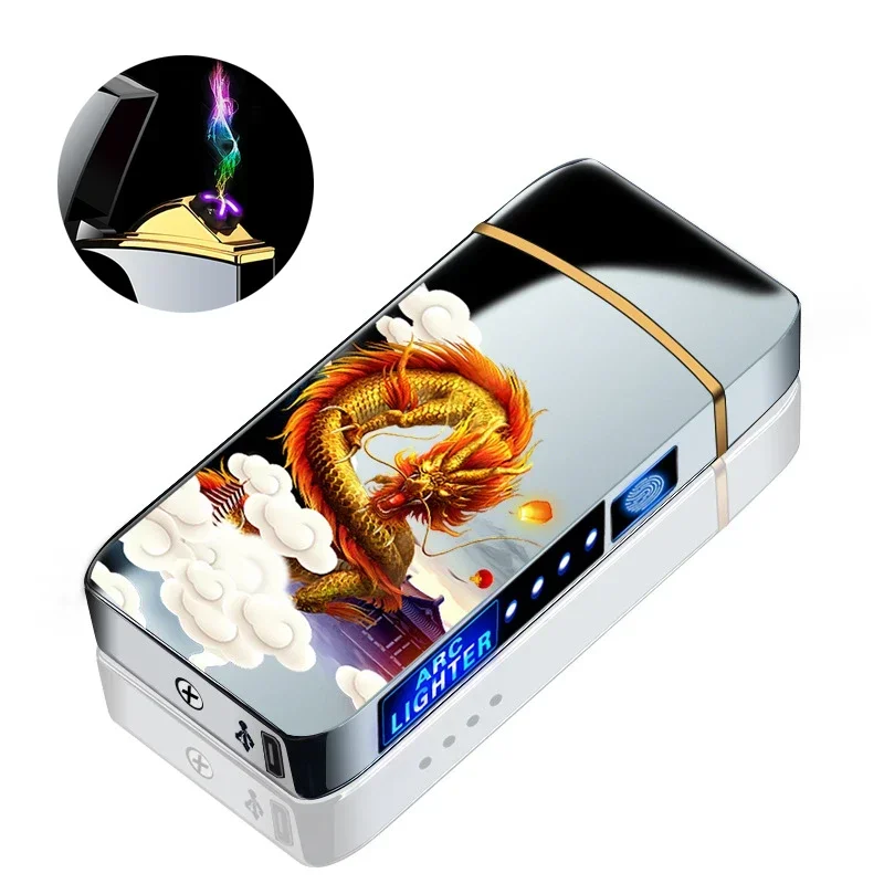 Electric Arc Igniter Double Arc Windproof Flameless Fingerprint Touch Lighter with LED Battery Display USB Touch Metal Plasma Lighter Men's Gift