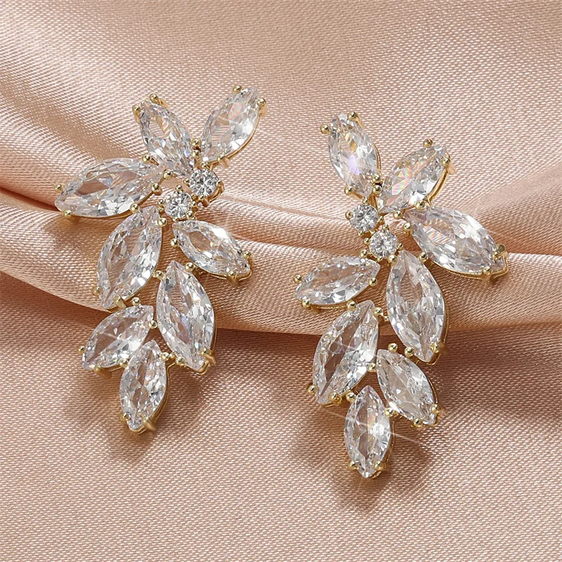 Leaf Marquise Zircon Bridal Earrings for Women White Shiny Crystal Elegant Wedding Party Jewelry Crystal Earrings