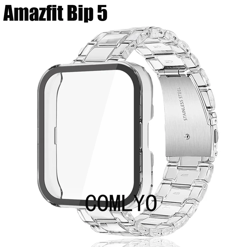 

For Amazfit Bip 5 Case Full Tempered Glass Screen Protector bip5 Watch Strap PC Adjustable Bracelet Band