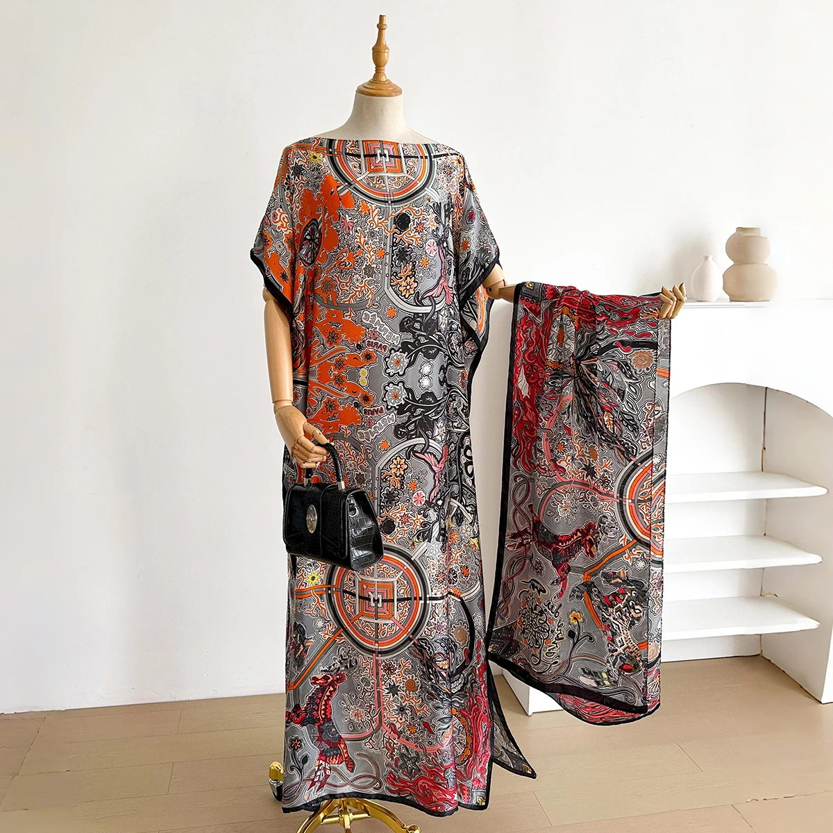 New African For Women Summer Sun protection Short Sleeve Cotton Dress Gold Stamping Loose Lady Maxi Print Dress With Big Scarf