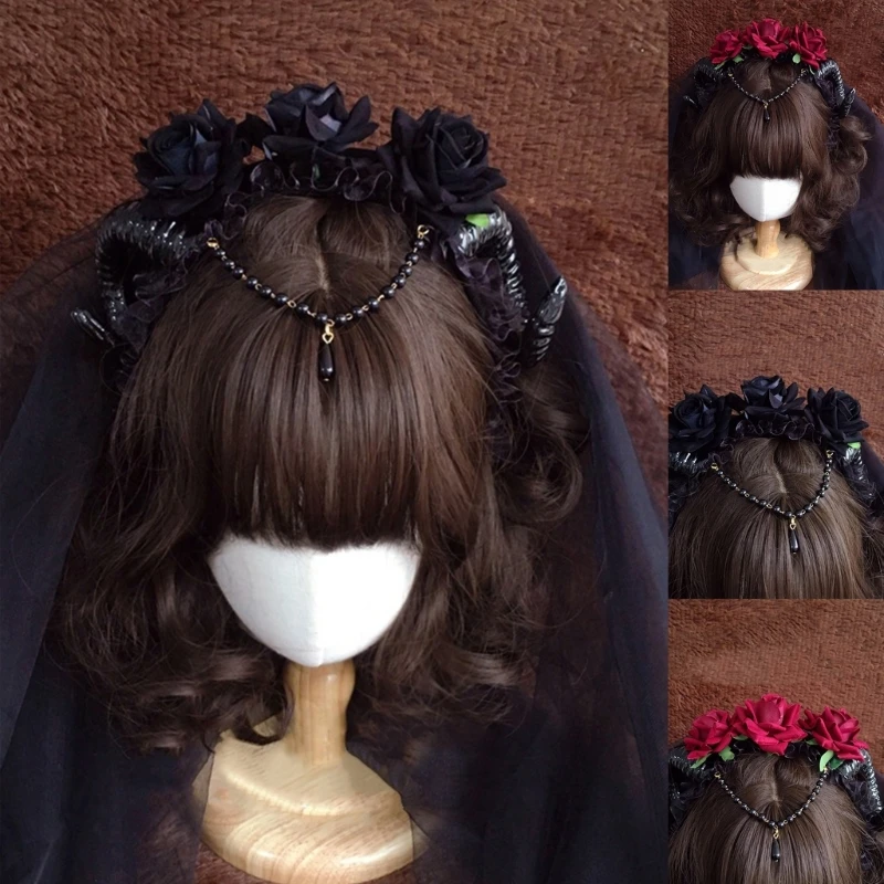 Rose Floral Headband Headpiece for Wedding Festival Gothic Headband Black Lace Hair Hoop for Halloween Costume Dropship