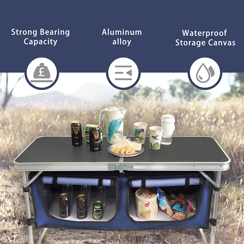 Tavolo Pieghevole Da Campeggio Pnbfhn – Portatile Con Organizer In Tessuto, 3 Altezze Regolabili, Piano In Alluminio, Leggero Per Picnic, Spiaggia E Barbecue