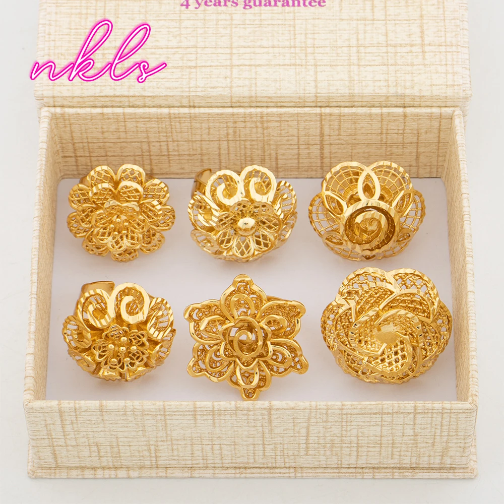 Luxury Gold Color Flower Rings Fashion Large Women Rings 18K Gold Plated Jewelry Dubai African Ethiopian Wedding Party Gifts