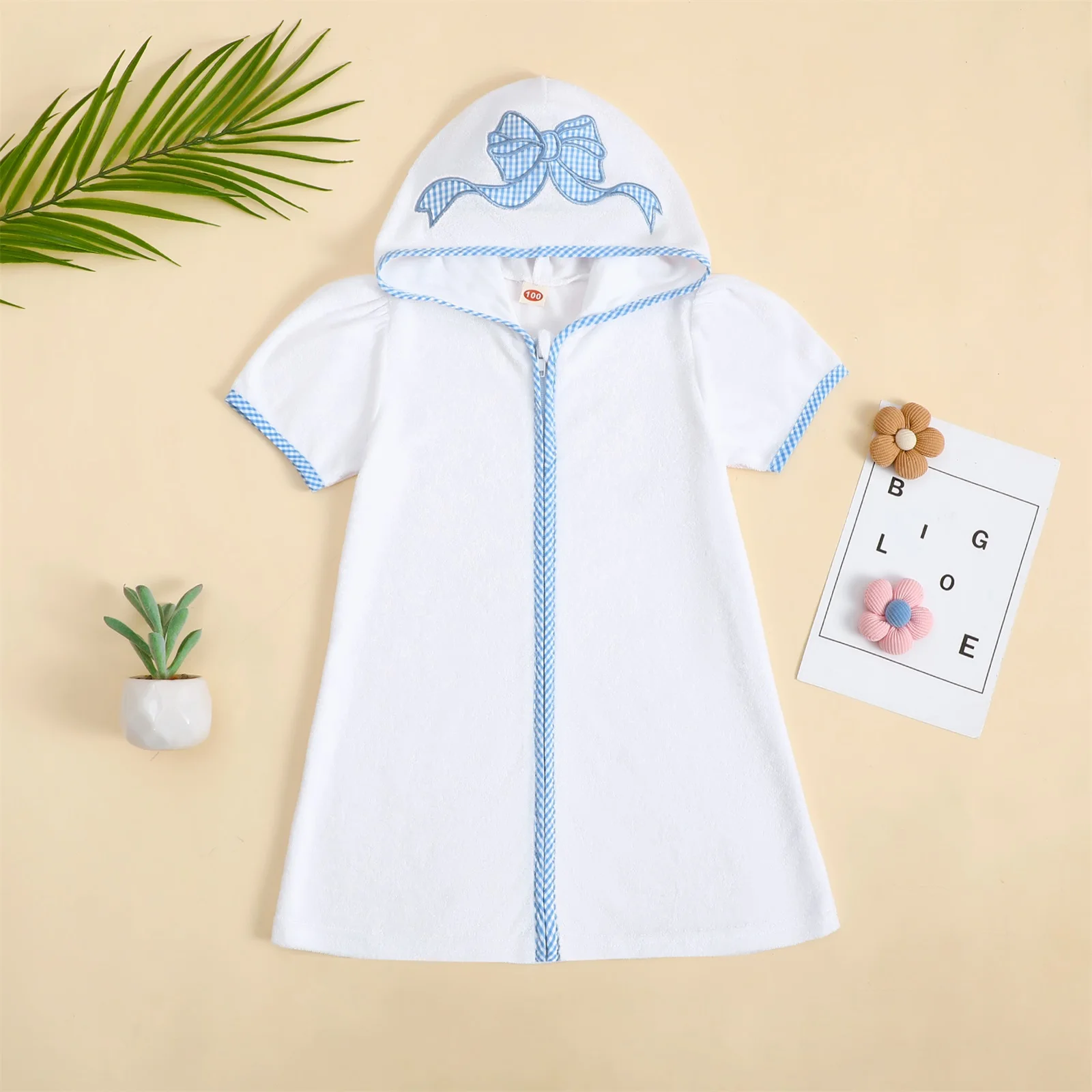 FOCUSNORM 4 Colors Kids Swim Coverups Bow/Elephant Embroidery Short Sleeve Hooded Robe Zip-Up Beachwear