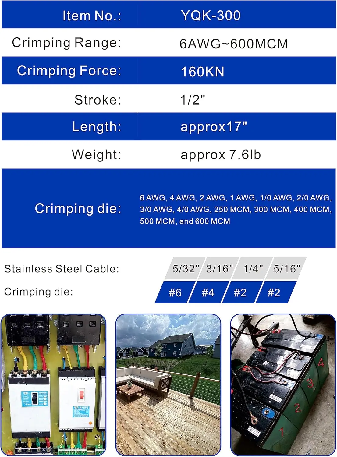 blue 16 Ton Hydraulic Wire Crimper Battery Cable Lug Terminal Crimping Tool WIth Standard US cable Dies Crimps 6 AWG to 600 MCM 2