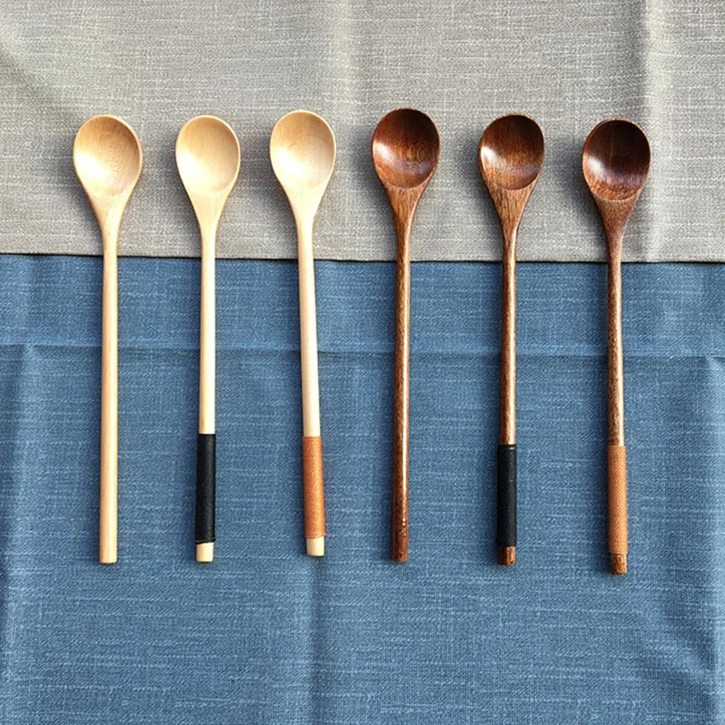 

5pcs Japanese-Style Long Handle Wooden Spoon Tea Dessert Spoons for Eating Mixing Stirring Cooking Tableware Kitchen Supplies