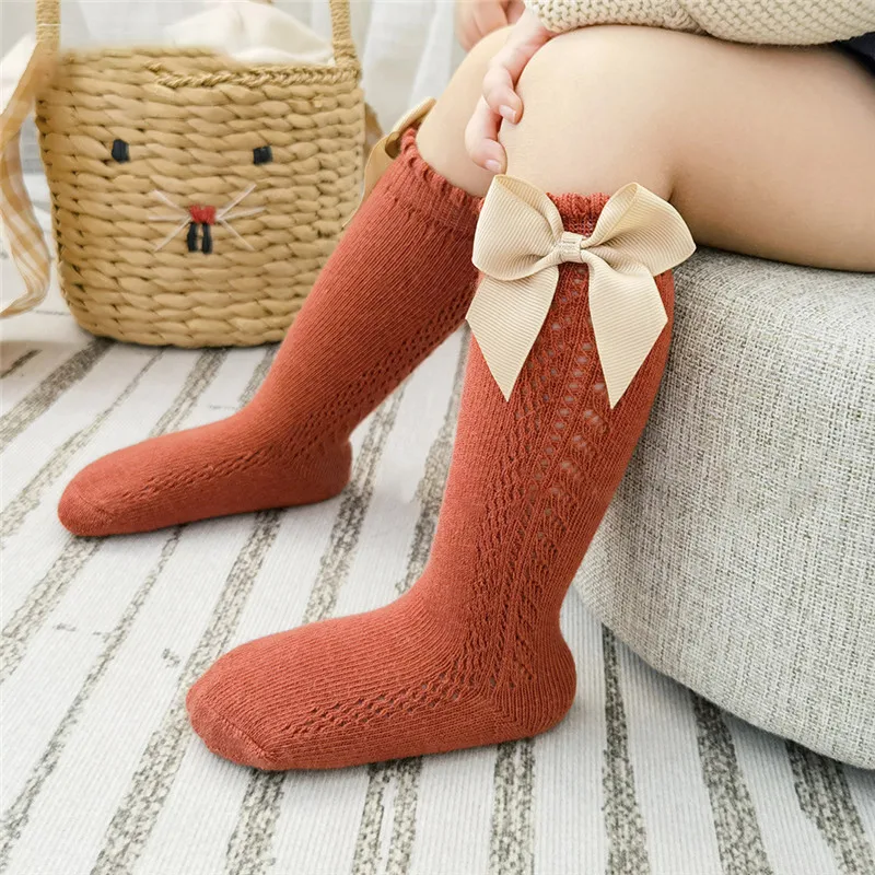 Cotton Socks Children Socks Summer Kids Knee High Socks Baby Girls Boys Bow Long Sock Soft Cotton Mesh Breathable Children Hollow Out Socken 0-7 Years