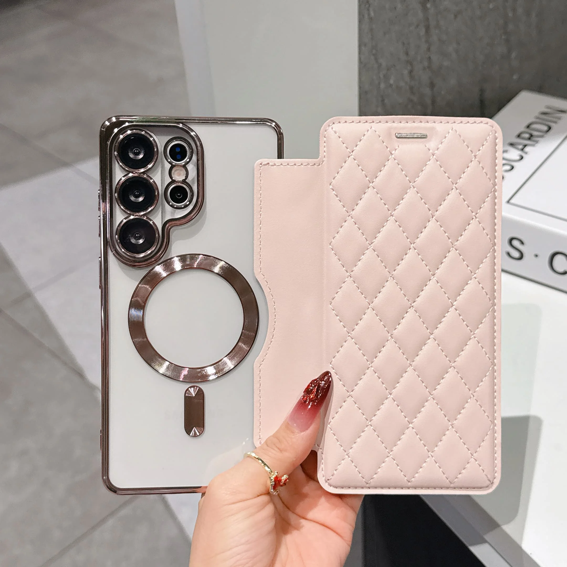 Premium PU Leather Magnetic Flip Wallet Case with Card Slots and Wireless Charging Compatibility
