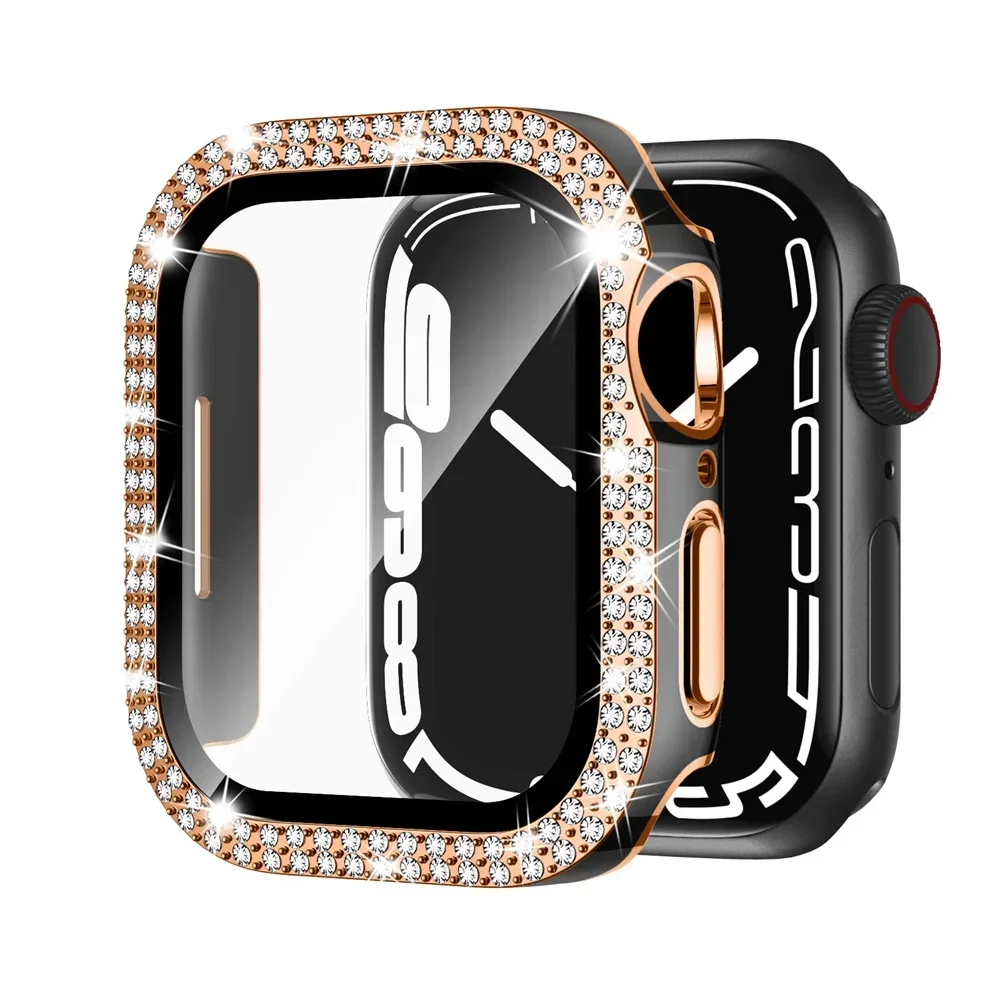 Diamond Bling Cover For Apple watch Case 45mm 41mm 38mm 42mm 44mm 40mm HD Tempered Glass+Bumper Screen Protector Accessories