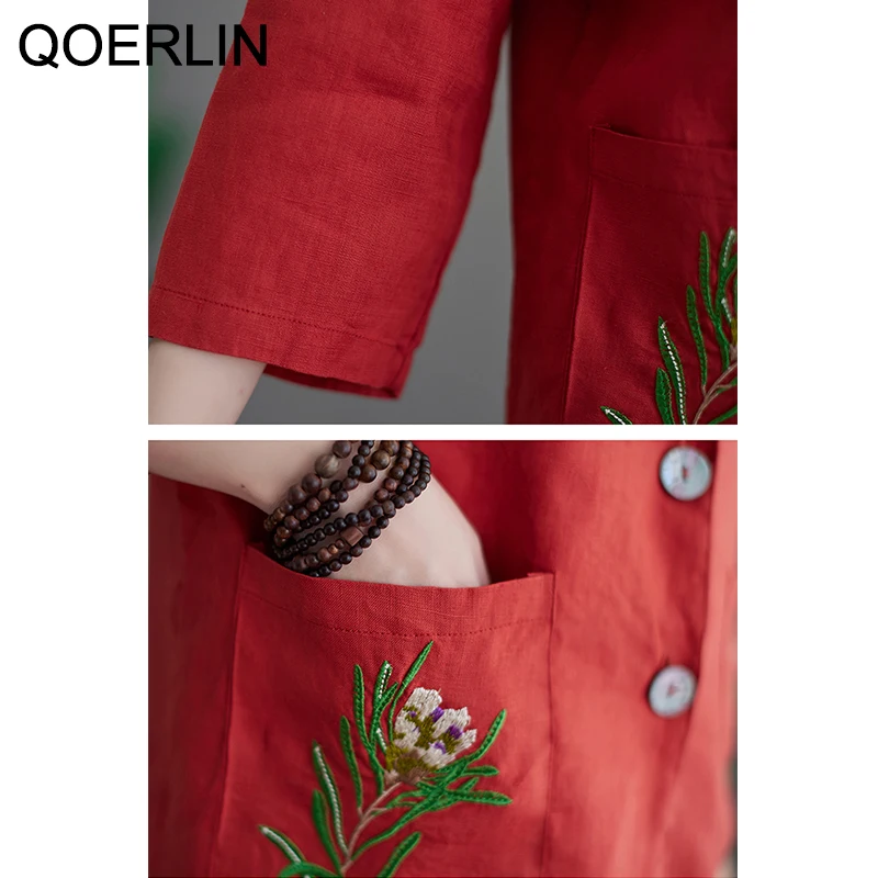 QOERLIN M-XXL Linen Oversize Blazer Office Fashion Embroidered Floral Jacket Pocket Single-Breasted Notched Collar Suit Coat