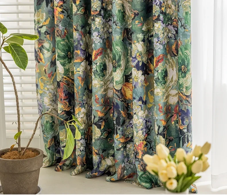 Blackout Heat Insulation Sun Protection New Chinese Oil Painting Style Curtain Retro Pastoral Flower Living Room and Bedroom 5