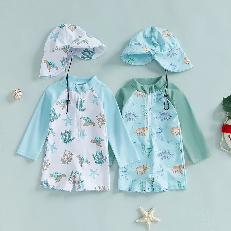 Kids Baby Boys Summer Swimwear Casual Dinosaur/Sea Creature Print Zipper Rash Guard Swimsuit and Hat Beachwear Bathing Suit