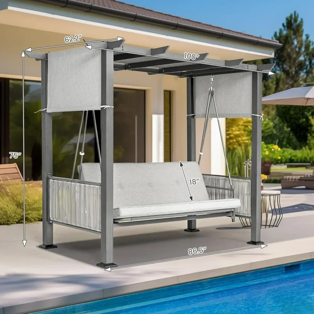 3-Seat Patio Swing Chair,Outdoor Patio Swing Bed with Adjustable Curtains,Porch Swing Bed for Balconies, Gardens and Poolside 5