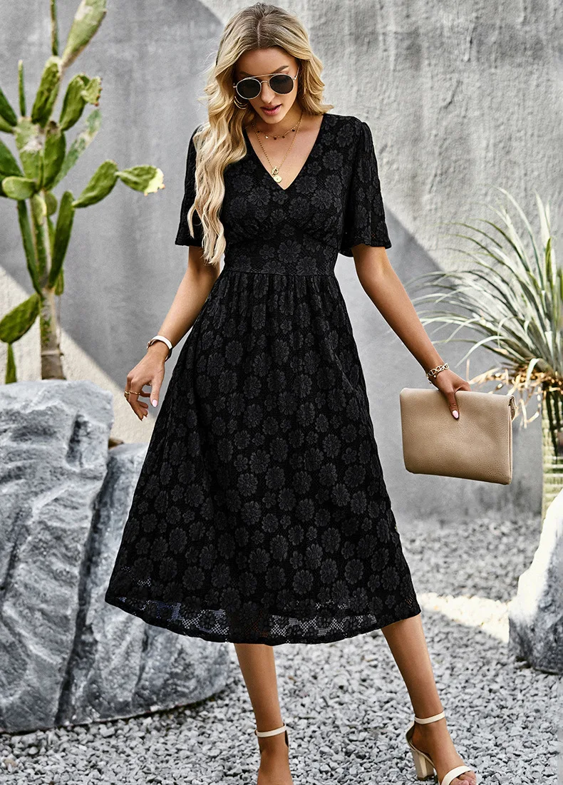 Women’s Midi Dress with V-Neck – Elegant Fit with Front Split for Day and Evening Wear main image 0