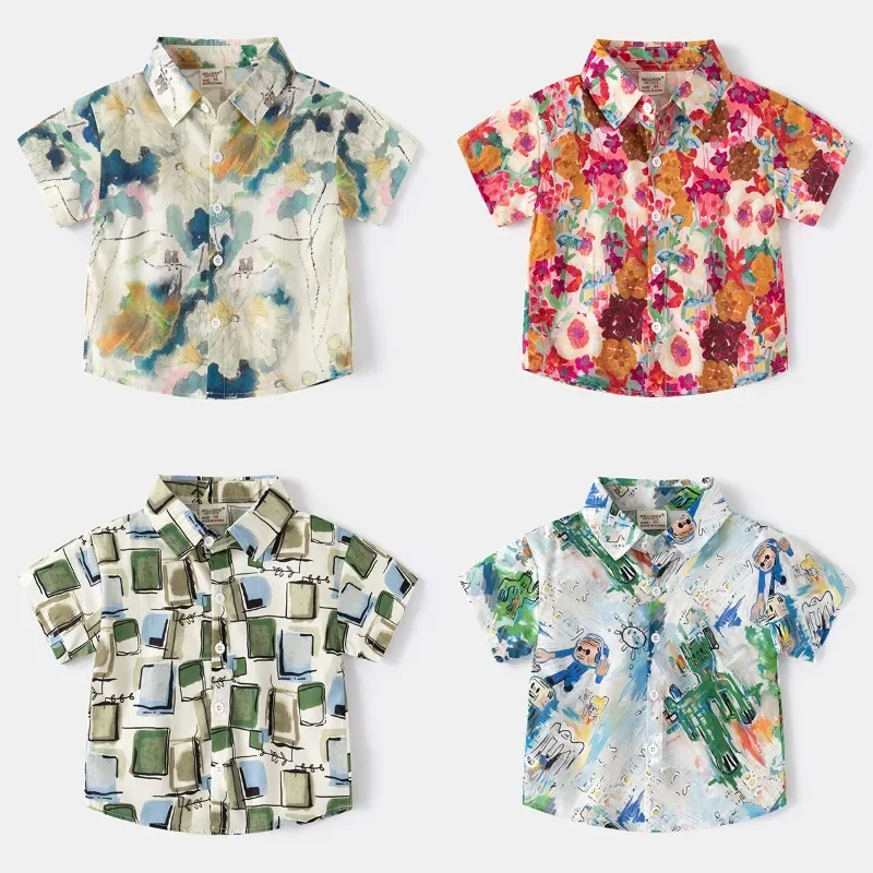 Boys' Graffiti Short Sleeved Shirts, Summer Children's Printed Shirt, Boys' Baby Flower Shirt Blouse Blusa Infantil