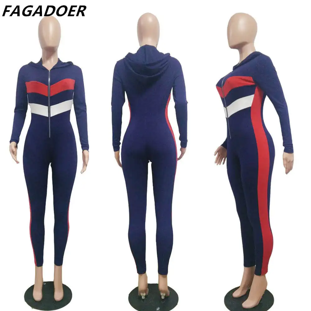 FAGADOER Fashion Women Color Patchwork Hooded Jumpsuits Female Zipper Long Sleeve Bodycon Rompers Fall Lady Sport Playsuits 2022