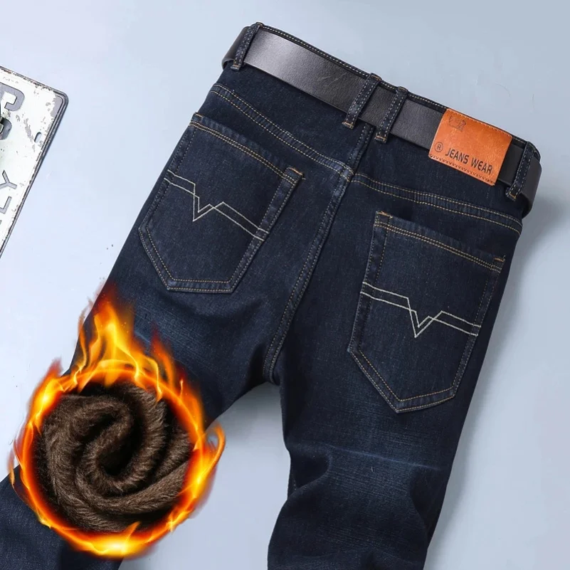 

Thermal Pants Men's Fashion Business Loose Casual Stretch Pants Classic Slim Wool Jeans Men's Plush Padding Jeans Men CH