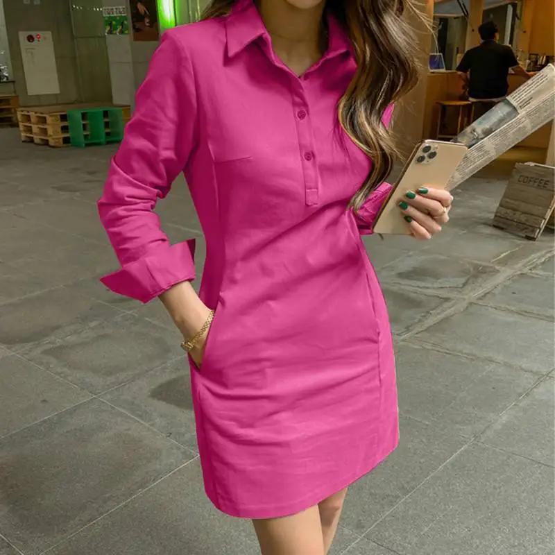 2024VONDA Frauen Sommer Kleid Elegante Lange Ärmel Einfarbig Hemd Sommerkleid Beiläufige Lose Tasten Taschen Kurze Mini Vestidos – Detail 14