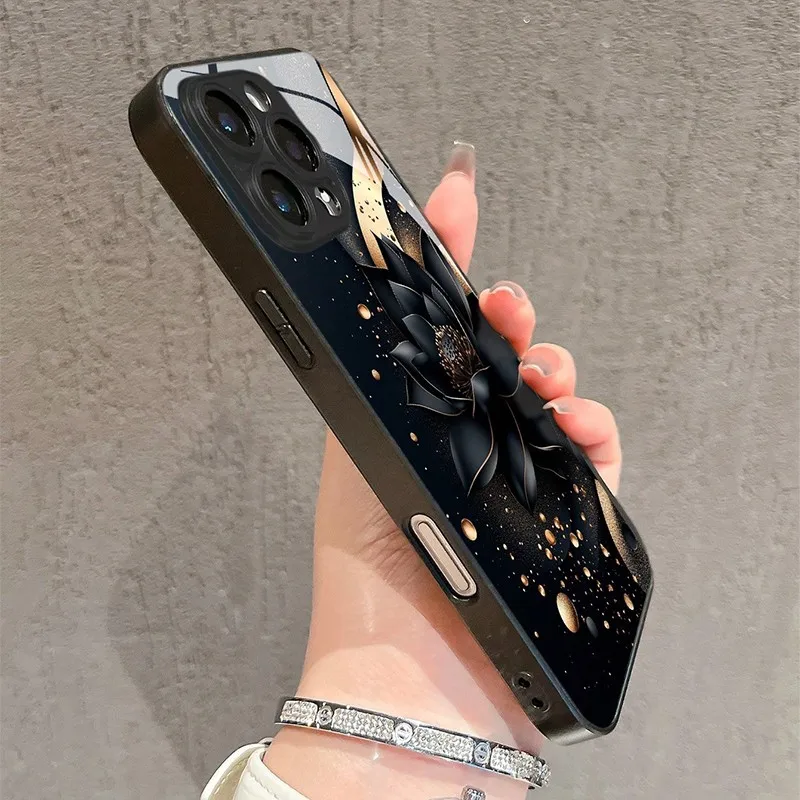 Luxurious Black Lotus Flower Pattern Phone Case with Glass Frame