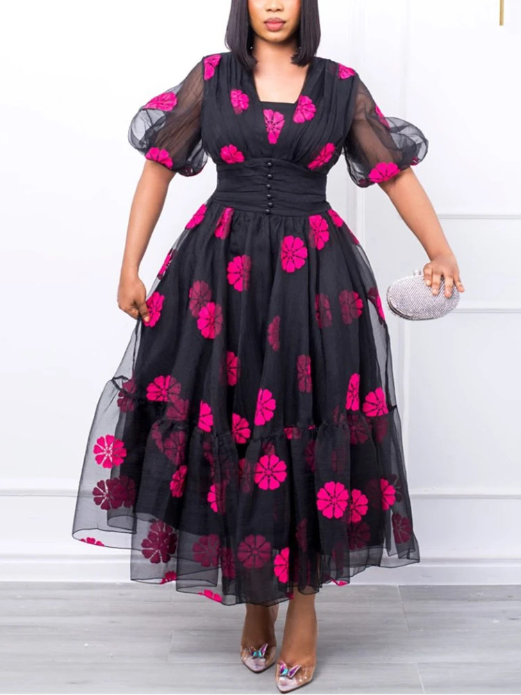 

Vintage Mesh Print Dress Pink Floral Puffy Short Sleeve Fit Flare Dress Ball Gown Summer Sweet Party Birthday Date Night Outfits