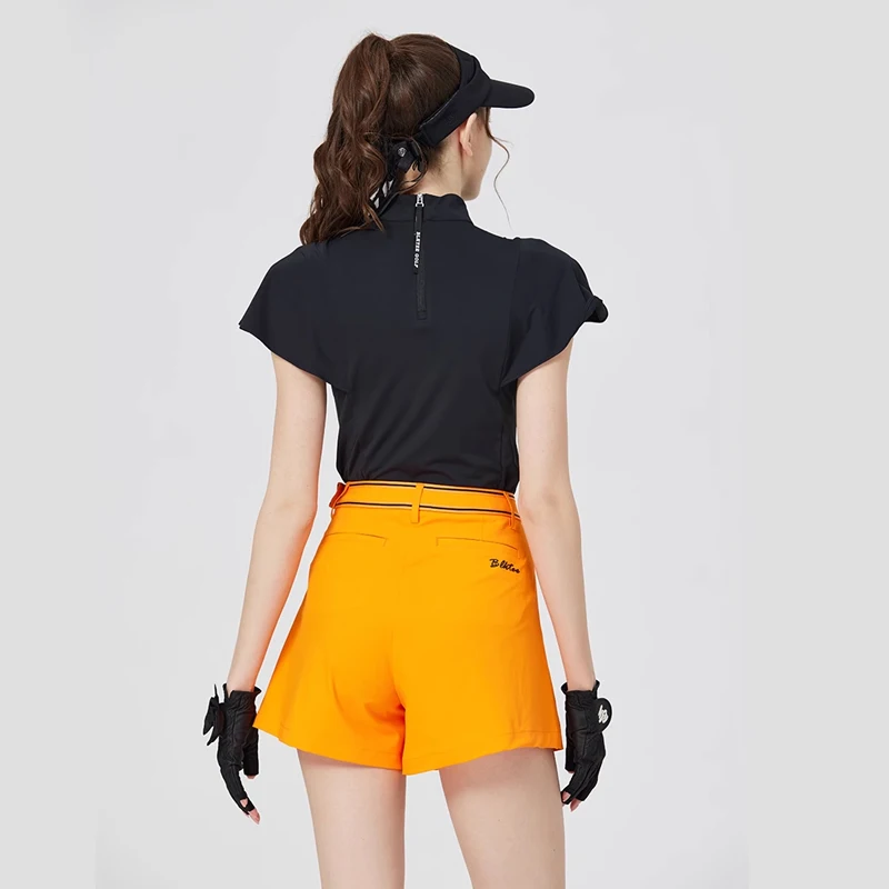 BLKTEE Golf fashion clothes for woman ruffle short sleeve half high neck t-shirt ladies slim casual top high-waist skirt gofset