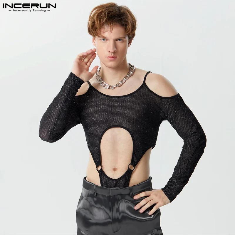 

INCERUN Men's Irregular Bodysuits Solid Shiny Long Sleeve Off Shoulder Rompers 2024 Hollow Out Mesh Transparent Male Bodysuit