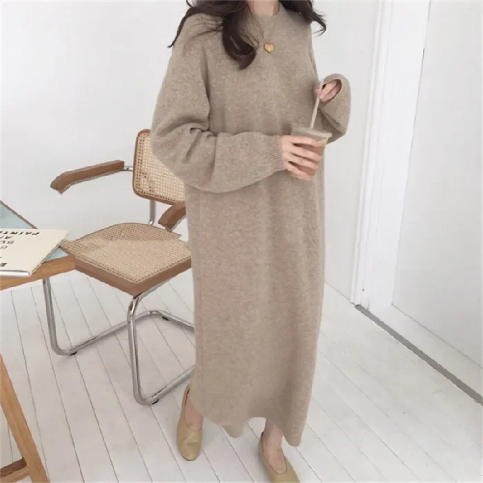 

Autumn Winter 2023 New O-Neck Casual Loose Knitted Dress Female Straight Long Sleeve Oversize Sweater Womens Long Dress