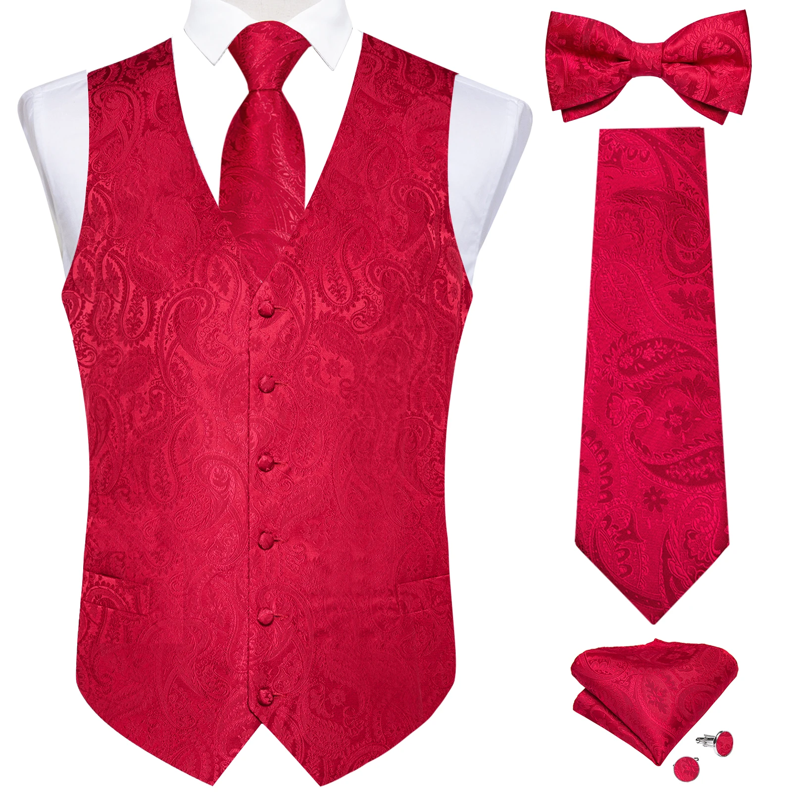 

Wedding Red Slim Dress Men Vest Fashion Business Tuxedo Man Waistcoat Necktie Paisley Pre-tied Bow Tie Pocket Square Cufflinks